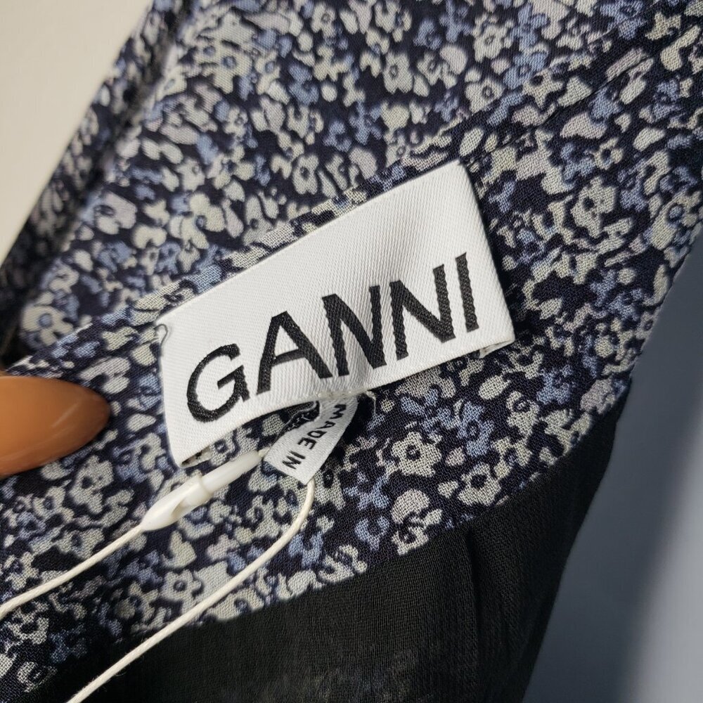 NWT GANNI Sz 36 Georgette Wrap Dress in Phantom Floral Maxi Sheer, Blue (1459) - Picture 6 of 6